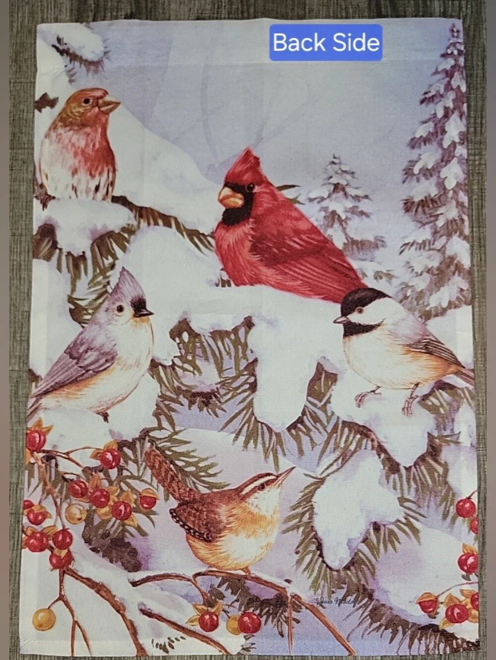 Decorative Seasonal Garden Flag Multi-colored. Birds, Pines & Snow.